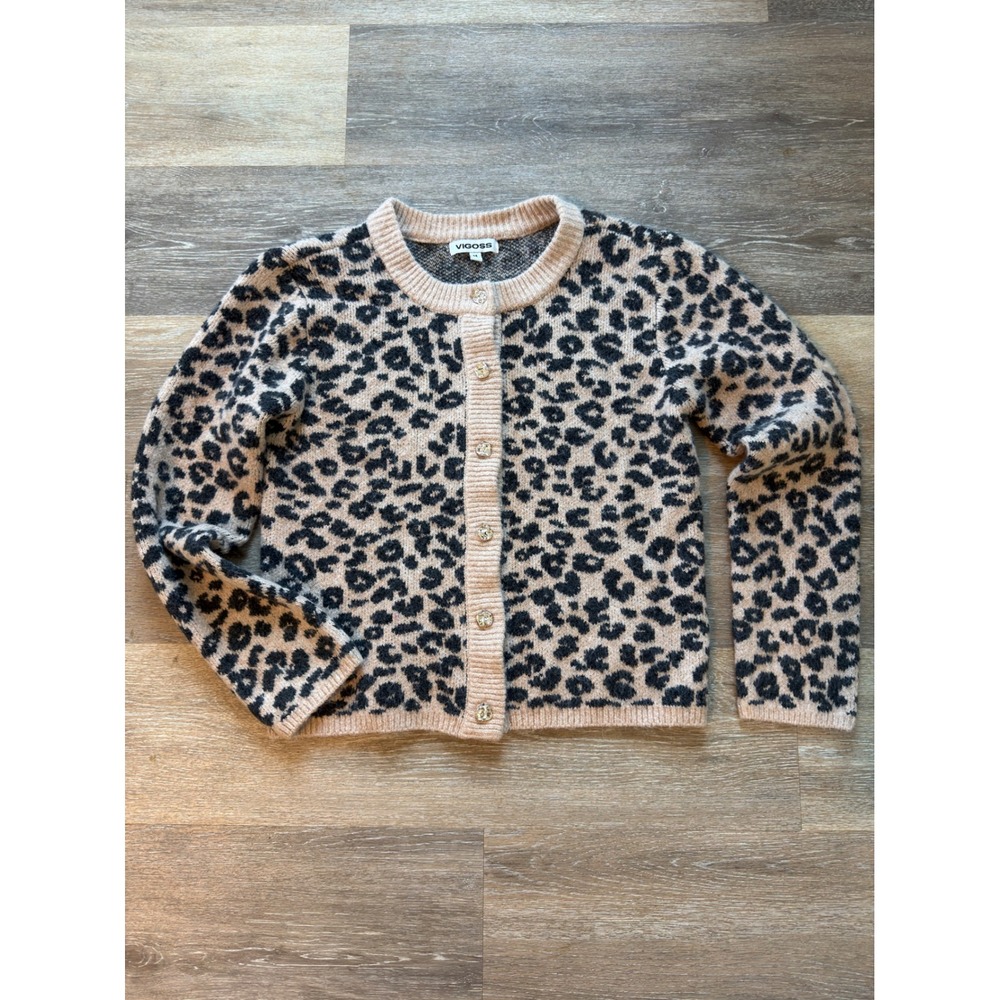 Vigoss Leopard Print‎ Cardigan Sweater Tan Black Gold Button VC-W02992A Medium
